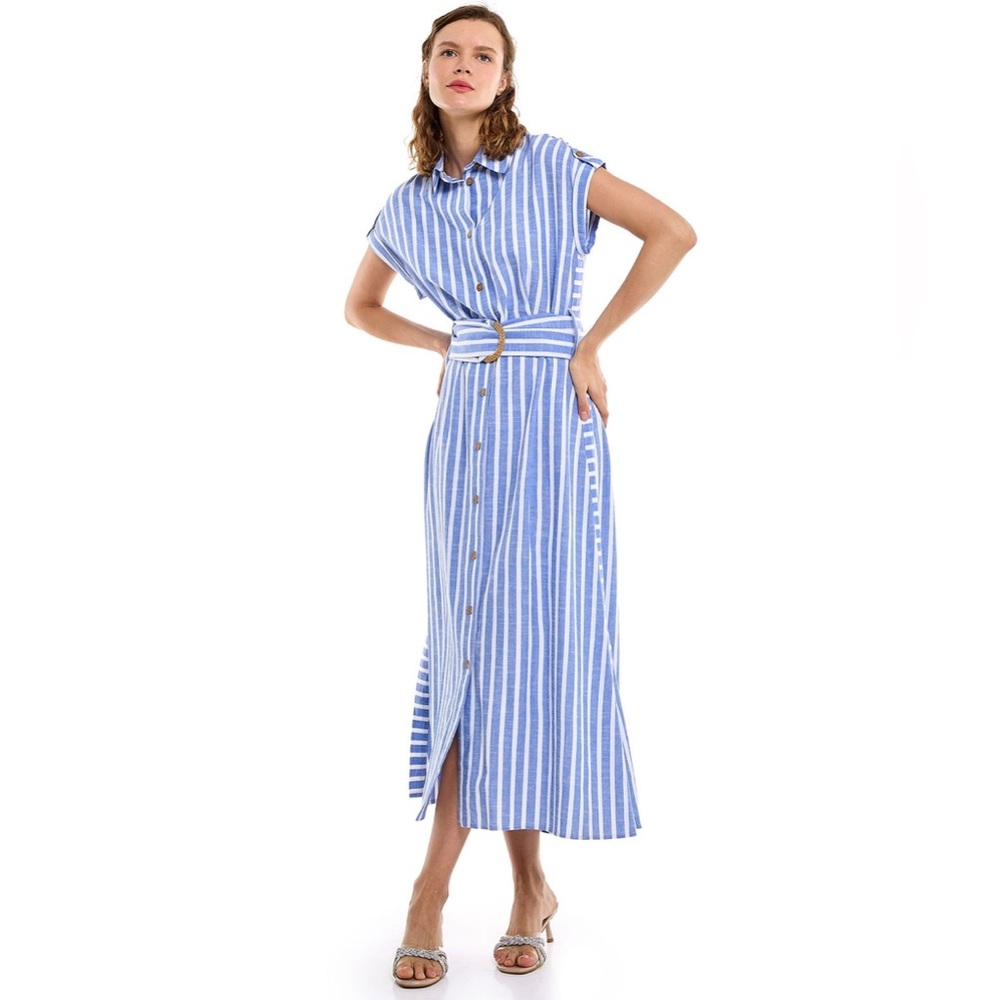 ZARA Linen blue white belted midi /maxi dress with side slits